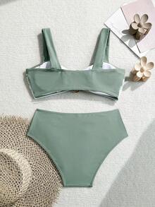 Conjunto de bikini con empalme y bloqueo de color, seductor y con Charm maduro - Verde - Ver 2