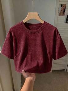 Camiseta básica de manga corta de 100% algodón lavado, verde oliva - Burdeos - Ver 12