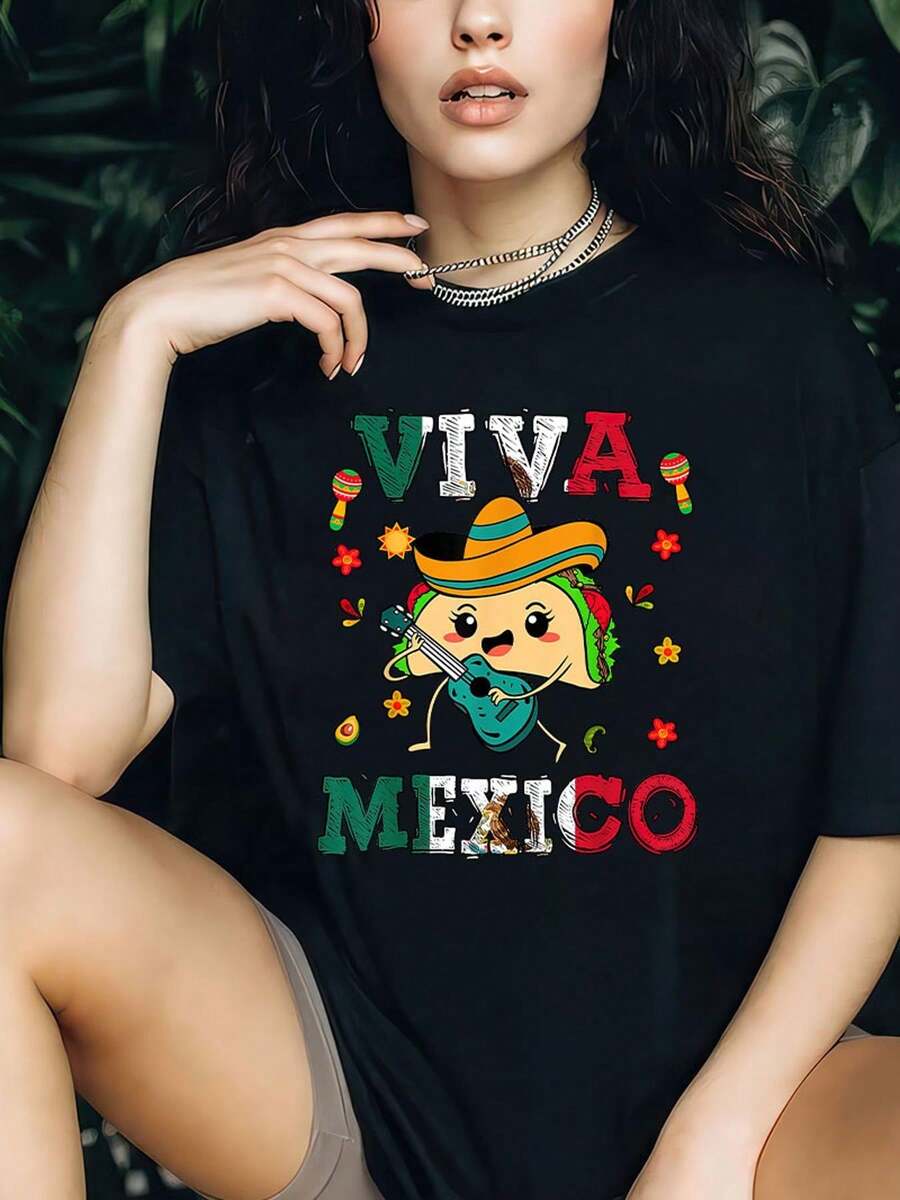 Women's Cotton T-Shirt With A Mexican Independence Day Flag Print And Mexican Roll Pattern, 100% Cotton, All-Season Casual Wear, Mexican Style, Personalized, Made Of Knit Fabric With Slight Elasticity, Suitable For Weekend Casual Wear, And Machine Washable, A Practical Choice For Everyday Use - Women's 180G Pure Cotton T-Shirt - 黑色 - 查看 1