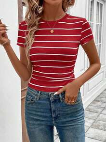 LUNE Conjunto deportivo de tiempo libre para atletismo, ciclismo, running, baloncesto - Camiseta casual cómoda de cuello redondo, ajustada, a rayas blancas y negras con recogido en la cintura, para mujer - Rojo - Ver 4