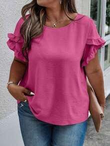 Blusa casual con cuello redondo, mangas con volantes y estampado floral para mujer de talla grande - Rosa vieja - Ver 3