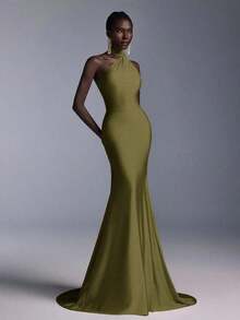 Vestido largo de sirena con espalda abierta y ajustado, de estilo minimalista, adecuado para asistir a fiestas formales, reuniones y galas formales de damas - Verde militar - Ver 6