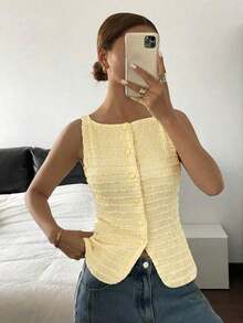 Blusa elegante sin mangas con botones delanteros y estampado de rayas para mujer - amarillo ganso - Ver 6