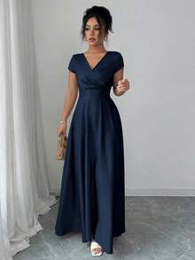 Vestido elegante y romántico para mujeres con cuello en V, mangas cortas y cintura ceñida - Azul marino - Ver 6