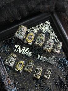 10入手工全包短鴨嘴甲貼片指甲，藍色指甲，水鑽&貝殼碎片裝飾，酷 Y2K 風格，四種尺寸可選，可拆卸假指甲適用於派對、日常穿搭 & Cosplay，附果凍膠和指甲銼條 - 灰色 - 查看 3