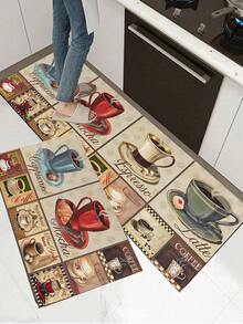 1/2pcs Coffee Kitchen Carpet, Country Farmhouse Style Decorative Kitchen Floor Mat, Non-Slip Absorbent Washable Corridor Carpet, Fun Coffee Kitchen Decoration. - Multicolor - View 2