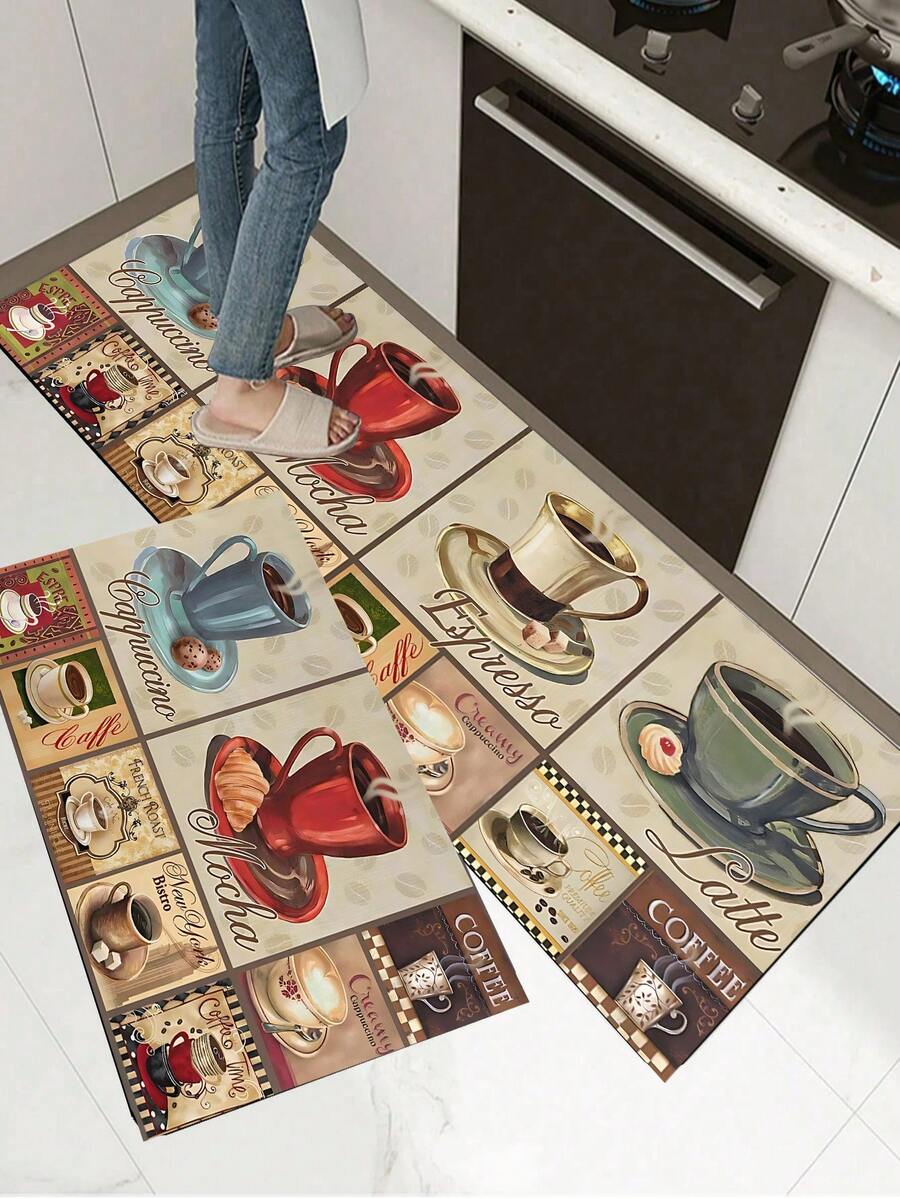 1/2pcs Coffee Kitchen Carpet, Country Farmhouse Style Decorative Kitchen Floor Mat, Non-Slip Absorbent Washable Corridor Carpet, Fun Coffee Kitchen Decoration.