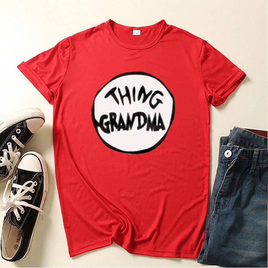 Nueva Camiseta de Comercio Exterior 2024 con Estampado de Letras THING, Top de Manga Corta para WISH - Rojo - Abuela - Ver 1