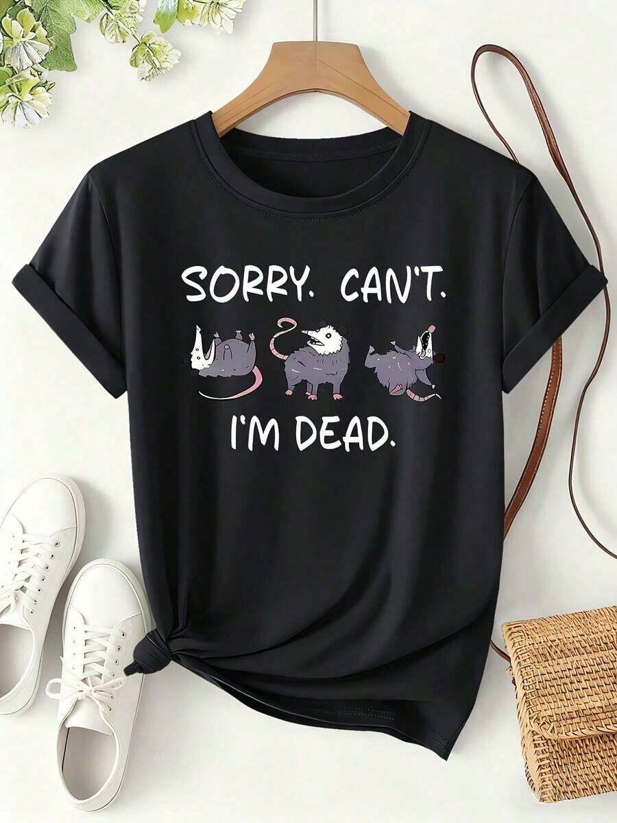 1 pieza Camiseta Divertida de Opossum para Mujer con la Frase "Lo Siento, no puedo, estoy muerto" - Linda y Adecuada para - Blusa de Manga Corta con Estampado de Opossum, Corte Holgado, Camiseta de Cuello Redondo Lavable a Máquina para Uso Diario y Atuendos para Amantes de Mascotas, 180g Algodón 100% - Negro - Ver 1