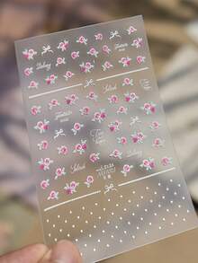 1张压纹粉色花朵美甲贴纸，精致玫瑰和“Delicate”字母印花，防水自粘美甲贴花 - 彩色 - 查看 4