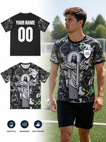 1pc Personalized Brazil Football Jersey For Men, Customized Logo Text Number, Quick-Dry Breathable Badminton Jersey Sports - Black - View 1