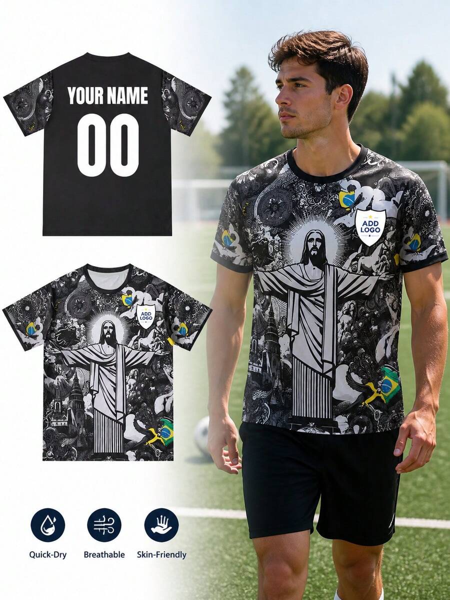 1pc Personalized Brazil Football Jersey For Men, Customized Logo Text Number, Quick-Dry Breathable Badminton Jersey Sports - Black - View 1