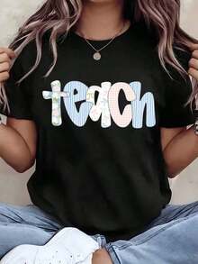 Under The RadarWomen T Shirt Teach Patchwork Print Round Neck Loose Fit Casual Top For Teachers Gift He Is Risen  Cotton Blend-Vintage Street Style Unisex Loose Cotton Short Sleeve Crew Neck - Negro - Ver 1