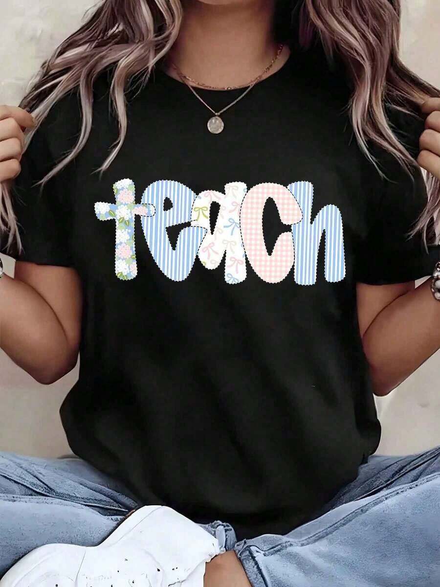 Under The RadarWomen T Shirt Teach Patchwork Print Round Neck Loose Fit Casual Top For Teachers Gift He Is Risen Cotton Blend-Vintage Street Style Unisex Loose Cotton Short Sleeve Crew Neck - Negro - Ver 1