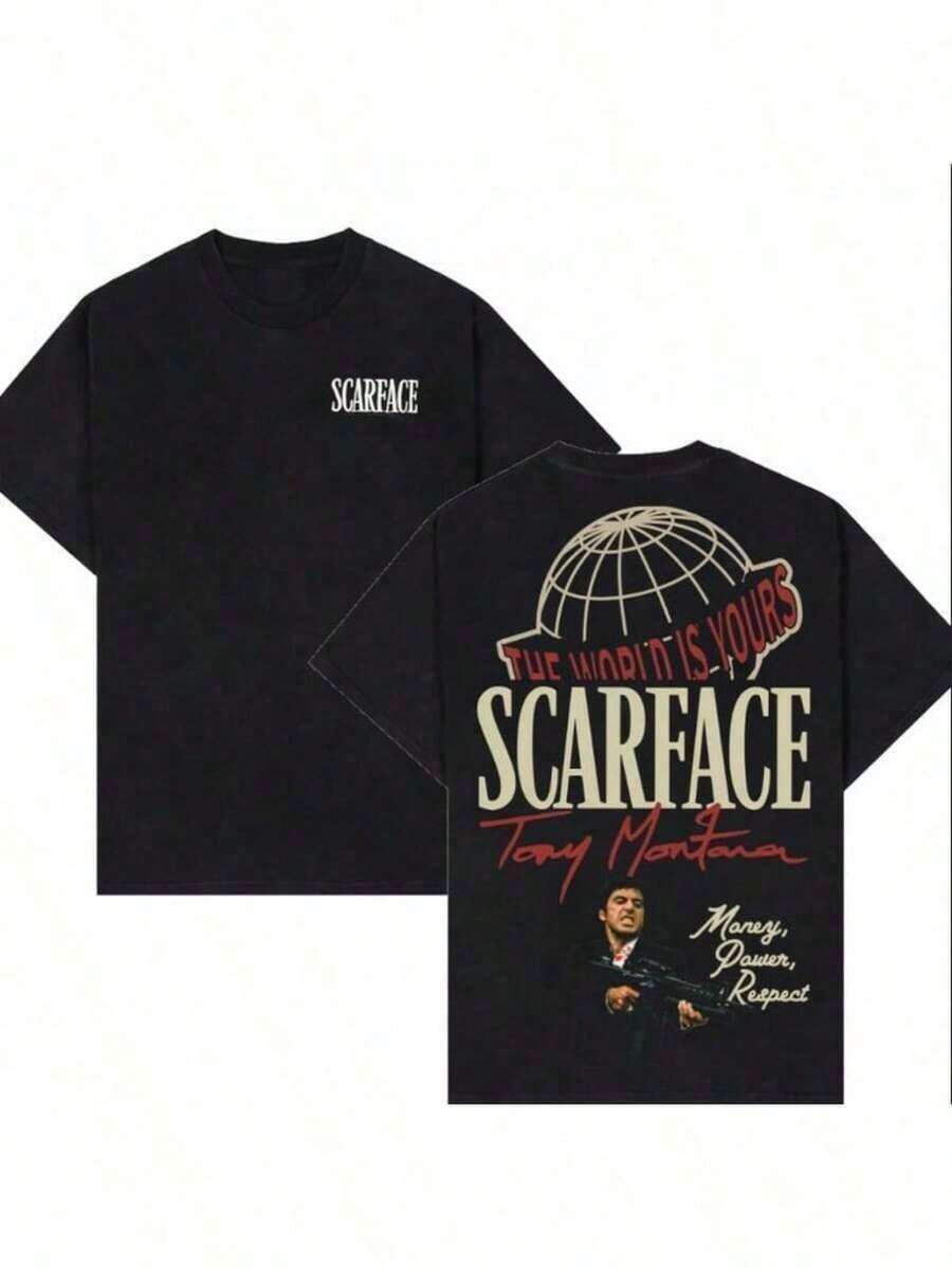 Ocio, Moda 1 Pieza Camiseta de Algodón Estampada para Hombre "World Yours Tony Money Power Respect", Estilo Y2K, Diseño de Anime Americano, Manga Corta Casual con Cuello Redondo, Suave y Transpirable, Estilo Urbano, Camisetas Gráficas de Algodón Grueso 100% Algodón 180g - Negro - Ver 1