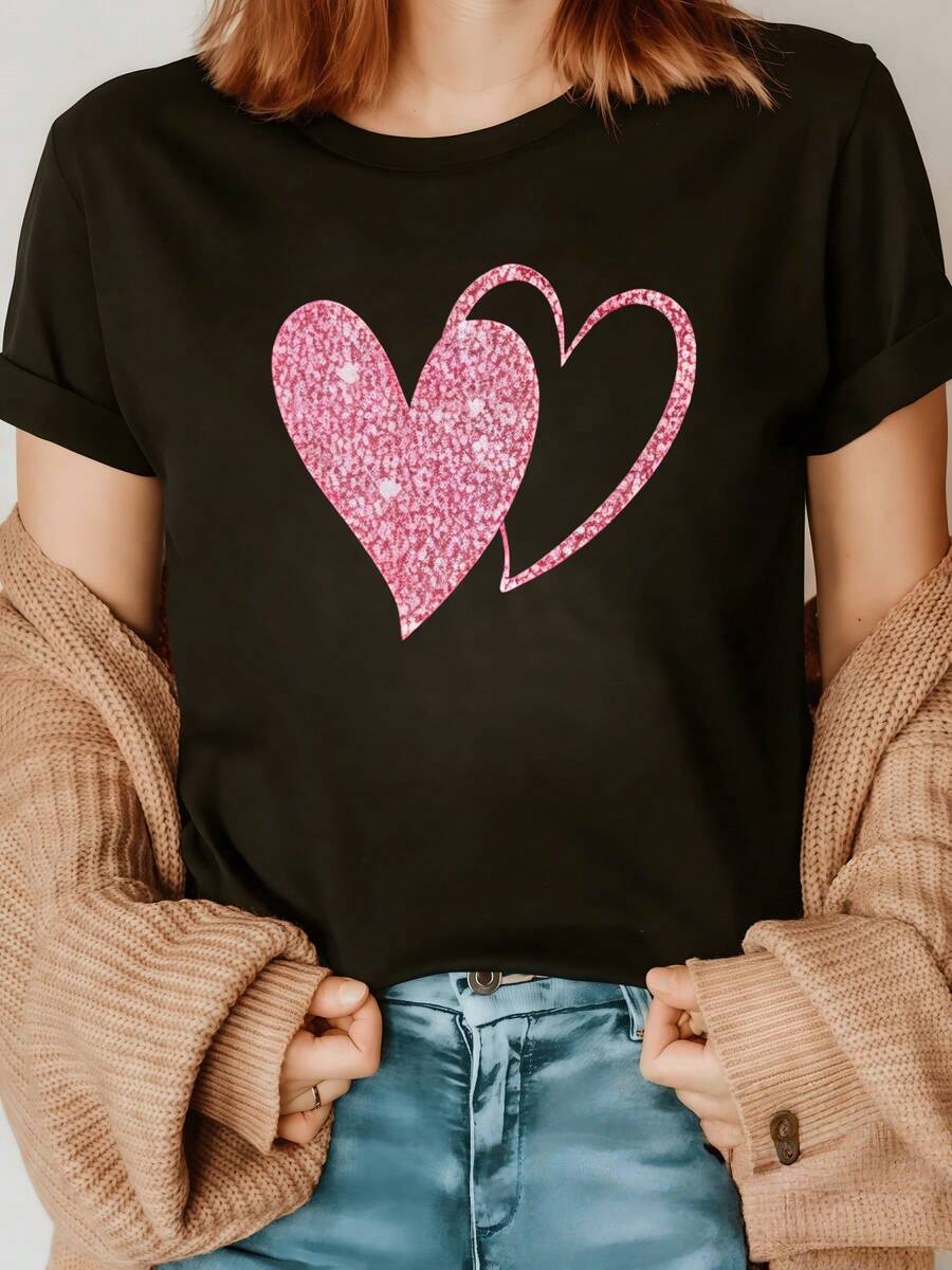 Dos corazones rosados entrelazados simbolizan el amor sincero la conexión profunda y la alegría compartida reflejando afecto y ternura en cada detalle camiseta de mujer casual cómoda para uso diario - Negro - Ver 1