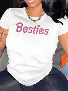 Women's Casual T-Shirt - Short Sleeve T-Shirt With Pink Heart Print "Besties" - Soft Crew Neck, All-Season Top, Ideal For Everyday Wear And Holiday Outfits, Machine Washable, Gift Idea For Best Friends, Stylish Summer T-Shirt, Everyday Gift, 100% Cotton, Durable - 白色 - 查看 1