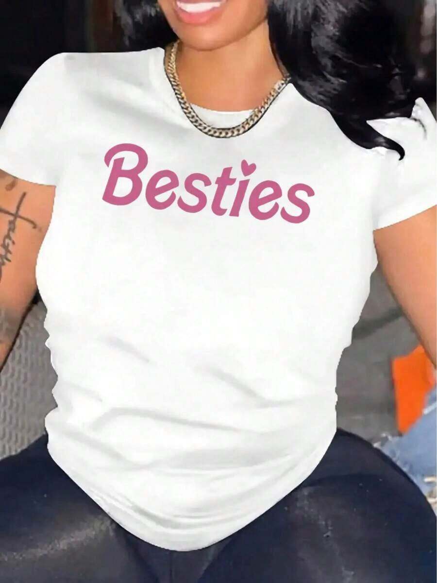 Women's Casual T-Shirt - Short Sleeve T-Shirt With Pink Heart Print "Besties" - Soft Crew Neck, All-Season Top, Ideal For Everyday Wear And Holiday Outfits, Machine Washable, Gift Idea For Best Friends, Stylish Summer T-Shirt, Everyday Gift, 100% Cotton, Durable - 白色 - 查看 1