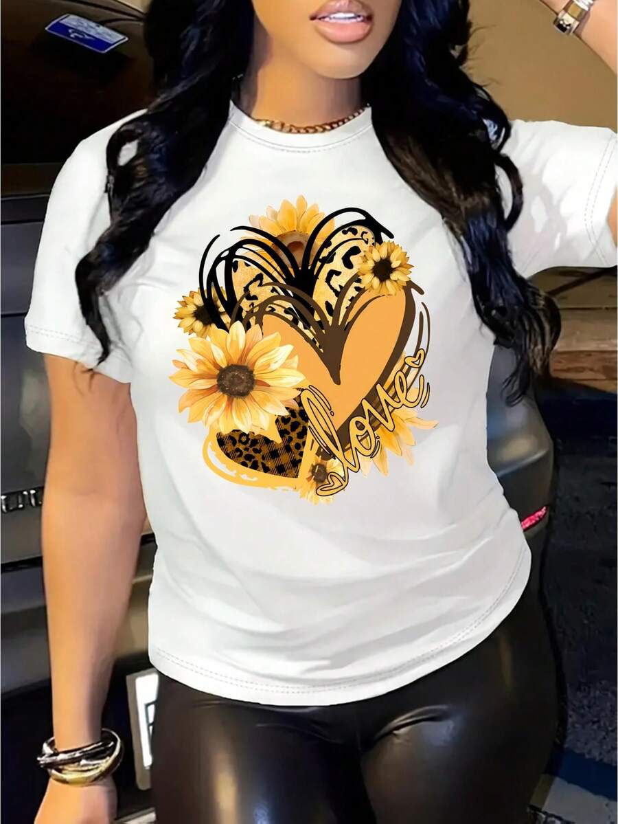 Chic Sunflower Heart Pattern T-Shirt For Women - Casual Crew Neck, Short Sleeve Top, Stretch Fit - Perfect For Spring & Summer - White - View 1