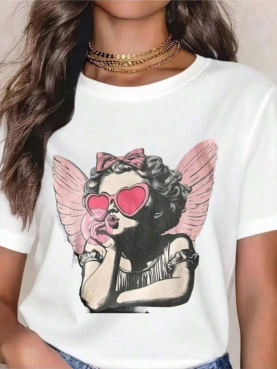Camiseta de Cupido Soplando una Burbuja, Burbuja de Cupido, Camiseta para el Día de San Valentín, Top Gráfico Romántico, Ropa de San Valentín con Ángel Cupido, Camiseta con Corazón, Camiseta para Mujer - Blanco - Ver 1