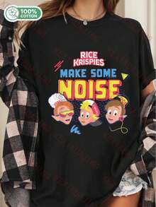Camiseta de manga corta informal para mujer, estilo casual de verano, con temática de cereales crujientes de los años 90, 180 g, estilo cotidiano, ropa de cultura pop, diseño de caja de cereales crujientes, diseño clásico de cereales de desayuno, tecnología de serigrafía, lavable a máquina. - Negro - Ver 1