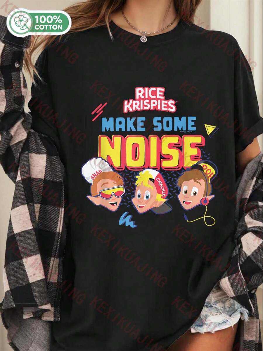 Camiseta de manga corta informal para mujer, estilo casual de verano, con temática de cereales crujientes de los años 90, 180 g, estilo cotidiano, ropa de cultura pop, diseño de caja de cereales crujientes, diseño clásico de cereales de desayuno, tecnología de serigrafía, lavable a máquina. - Negro - Ver 1