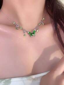 CVNANA 1件优雅绿色渐变蝴蝶流苏仿水晶项链，Y2K甜美夏日风颈链，男女皆宜，森林绿仿水晶吊坠项链，精致美感，适合日常佩戴、派对、约会、生日礼物、圣帕特里克节等场合。 - A - 查看 6