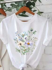 1 pieza de camiseta de mujer con estampado floral |     Camiseta Casual de Cuello Redondo y Manga Corta para Primavera/Verano, 180g, 100% Algodón - Blanco - Ver 7
