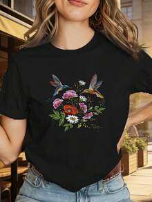 1 camiseta de manga corta con cuello redondo, estampado floral y de aves en negro - Prenda casual y cómoda, adecuada para uso diario, para usar en capas, lavable a máquina - Un elemento esencial del guardarropa tanto para atuendos de oficina como de fin de semana, 100% algodón de 180g. - Blanco - Ver 9