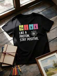 Simple And Versatile Design Teen T-Shirt With A Fun Science Periodic Table Print, Modern Short Sleeves With A Crew Neck, Slight Stretch, Regular Fit, Ideal For Indoor/Outdoor Play, Sports, Parties, Holidays, Back To School, Multiple Colors, Machine Washable. - 黑色 - 查看 1