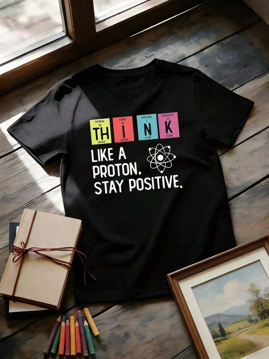 Simple And Versatile Design Teen T-Shirt With A Fun Science Periodic Table Print, Modern Short Sleeves With A Crew Neck, Slight Stretch, Regular Fit, Ideal For Indoor/Outdoor Play, Sports, Parties, Holidays, Back To School, Multiple Colors, Machine Washable. - 黑色 - 查看 1