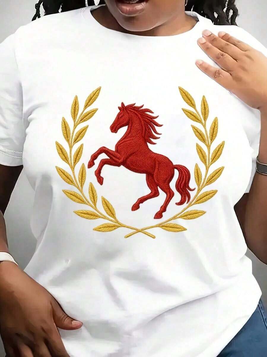 Suave, transpirable y ligero para comodidad durante todo el día. Camiseta de uso diario con bordado del Año del Caballo de Fuego, símbolo de suerte, energía y éxito. Regalo de Feng Shui para el Año Nuevo. Cuello redondo clásico con un corte relajado que favorece todas las formas del cuerpo y es fácil de combinar con jeans, pantalones cortos y leggings. - Blanco - Ver 1