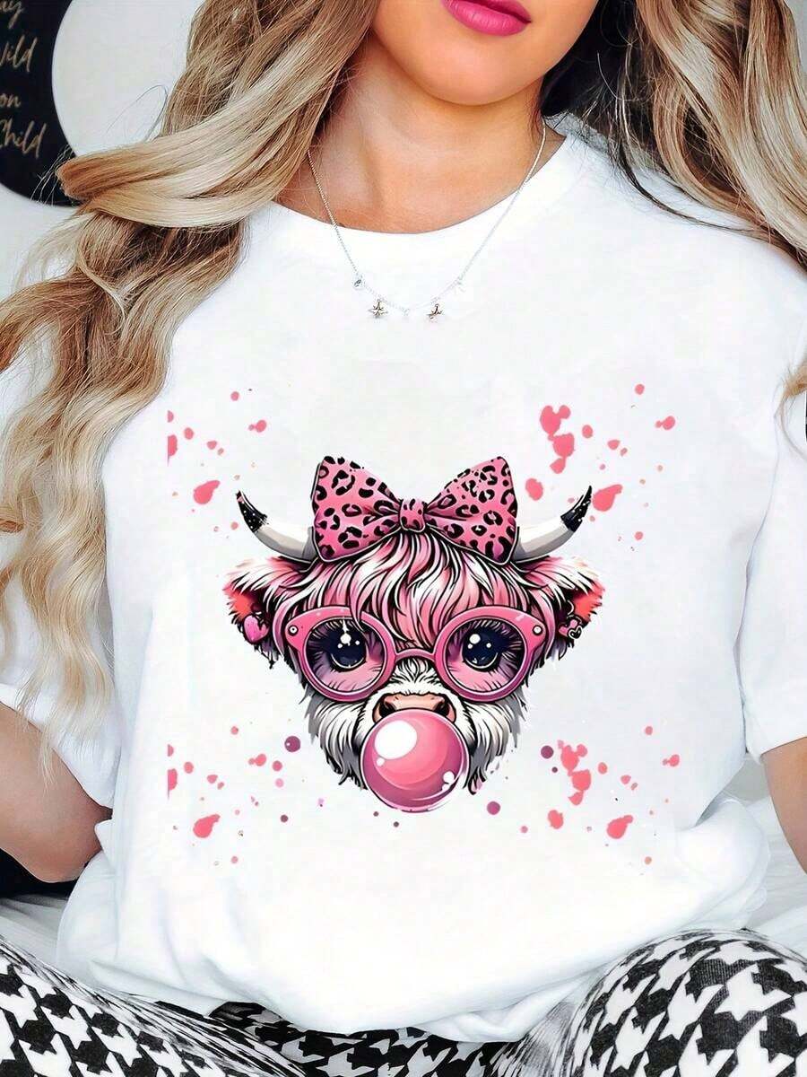Camiseta con Estampado de Vaca Adorable, Diseño de Lazo de Leopardo Rosa y Goma de Mascar, Top Casual de Verano para Mujer - Blanco - Ver 1