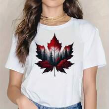 Women's Casual Cotton Round Neck Short Sleeve T-Shirt With Red Maple Leaf Print Sexy And Elegant Regular Top For Daily Wear - 白色 - 查看 1