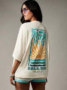 Break The System Beach Surf Club Sea Sun Camiseta Retro de Verano con Diseño Gráfico Tropical de Palmeras y Olas, Estilo Vintage, Vacaciones en Resort, Diseño de Atardecer, Estilo Californiano, Comodidad Casual, Cuello Redondo, Corte Holgado - Blanco - Ver 5
