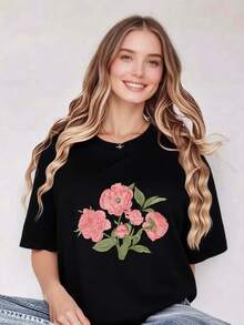 1 camiseta de algodón puro para mujer: Elegancia Nocturna: Camiseta de mujer con ramo de peonías negras - Moderna, 180g, 100% algodón - Blanco - Ver 11