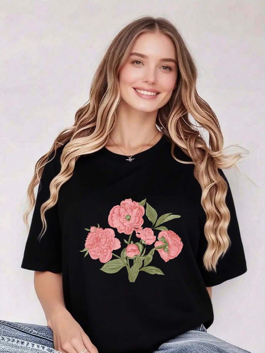 1 camiseta de algodón puro para mujer: Elegancia Nocturna: Camiseta de mujer con ramo de peonías negras - Moderna, 180g, 100% algodón - Negro - Ver 1