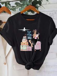 1 Women's Y2K Retro Style T-Shirt With Airplane And Suitcase Print - Soft, Stretchy, Opaque, Crew Neck, Retro Airplane Print, Machine Washable, Ideal For Holidays, Casual Style, Short Sleeve, 180g 100% Cotton. - 黑色 - 查看 5