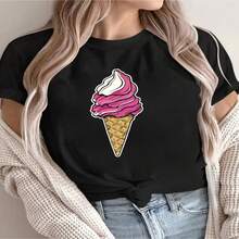 Women's Soft Cotton Short Sleeve T-Shirt With Cute Ice Cream Graphic, Round Neck Casual Regular Fit Tee, Stylish And Comfortable For Everyday Wear - 黑色 - 查看 1