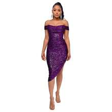 Women's Champagne-Colored Sequined Dress, Off-Shoulder Draped Design, Asymmetrical Side Slit, Stretchy Shiny Fabric Ideal For Summer Parties, Weddings As A Guest And Elegant Outdoor Dinners, Sexy Glamorous Style Perfect For Celebrations And Formal Events - 紫色 - 查看 5