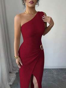 Nuevo vestido maxi de mujer de unicolor y sexy con hombro asimétrico, retorcido y fruncido, con cuello asimétrico, textura de punto y estilo ajustado, con diseño retorcido y con abertura, atuendo elegante para mujer, vestido para fiesta de primavera/verano, vacaciones, San Valentín - Gris - Ver 8