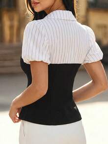 Perirose Collar, Puff Sleeve, Striped Patchwork, Slit Hem. Minimalist, Dreamy, Elegant And Generous, Old Money Style, Urban Modern, Elegant Lady, Office, Workwear, Business Casual Formal, White Patchwork Black, Spring Summer Women's Shirt - Black and White - View 2