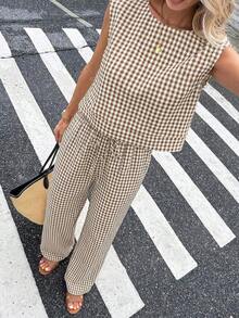Conjunto de 2 piezas de chaleco y pantalones a cuadros casuales de vacaciones para mujer - Multicolor - Ver 5
