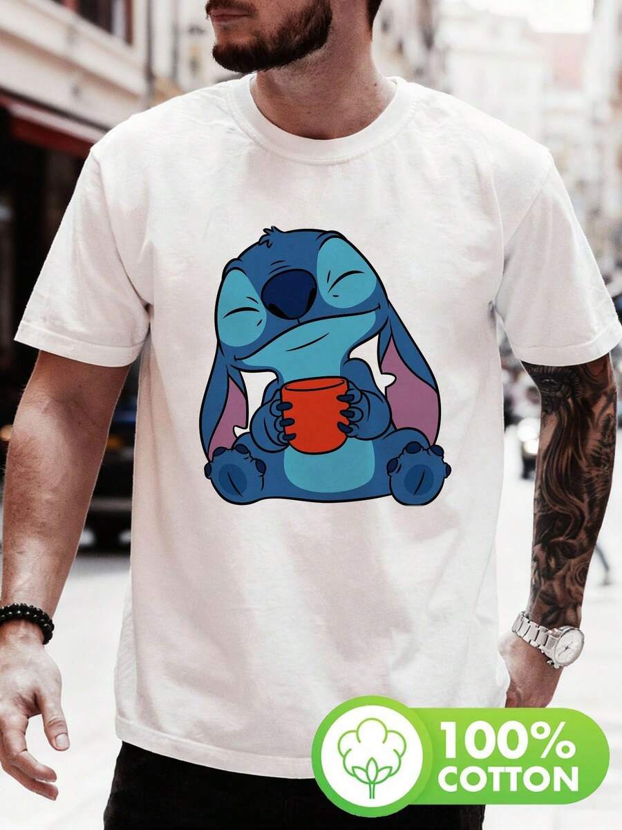 Disney Lilo & Stitch "Coffee Lover" Graphic T-ShirtMen's Short-Sleeved T-Shirt With Zootopia 2 Design. Crew Neck, Casual And Comfortable, Breathable And Lightweight, Suitable For Sports And Casual Wear. - trắng - Xem 1