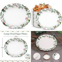 50 platos ovalados de Navidad 12 x 10 pulgadas platos de papel resistentes con hojas de acebo bayas rojas para Navidad día festivo boda decoración de fiesta verde y rojo - Flor de Navidad - Ver 1