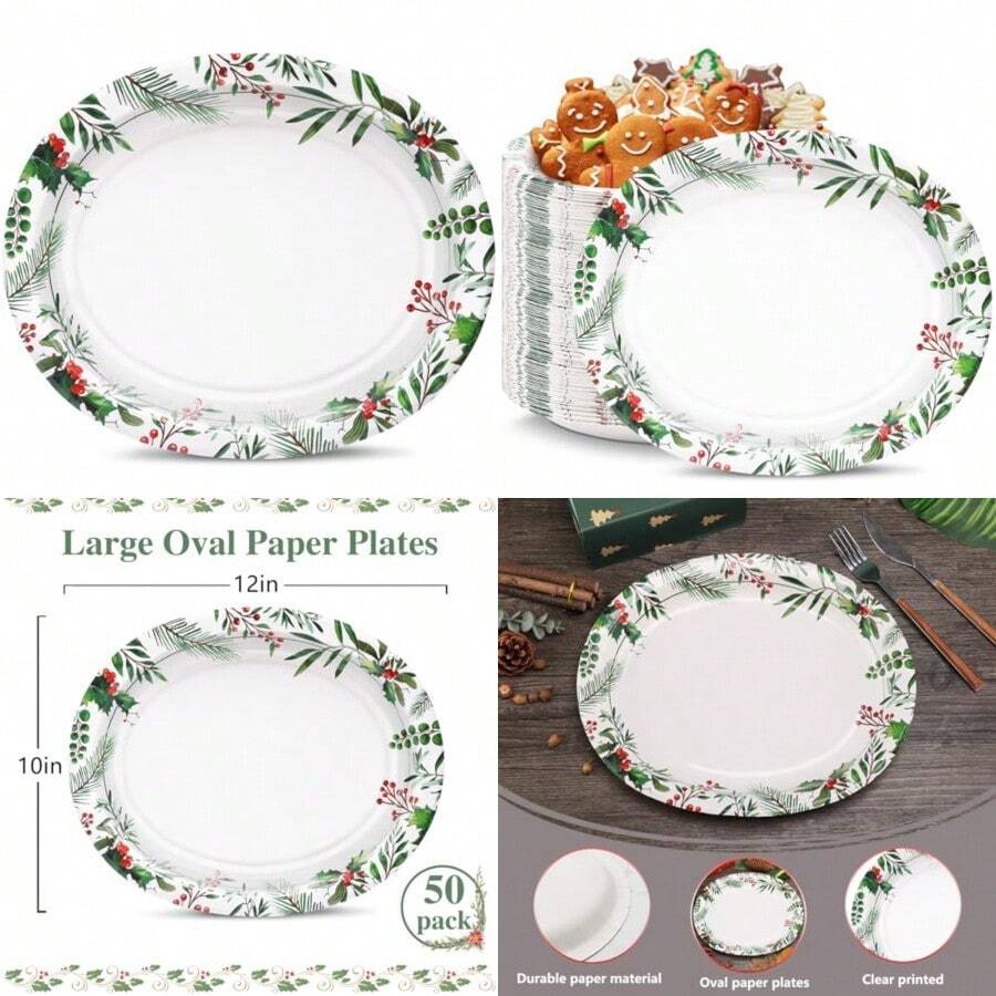 50 platos ovalados de Navidad 12 x 10 pulgadas platos de papel resistentes con hojas de acebo bayas rojas para Navidad día festivo boda decoración de fiesta verde y rojo - Flor de Navidad - Ver 1
