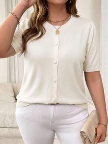 GIGOGOU 1XL-4XL 女款春夏短袖針織上衣，柔軟舒適開襟外套 白色 - 白色 - 查看 2