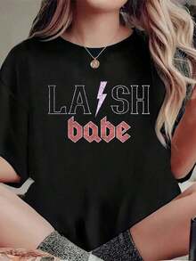 Vintage Lash Babe Lash Artist T-Shirt With Eyelash Print, Casual Round Neck Short Sleeve Summer T-Shirt, Women's Clothing - 黑色 - 查看 6