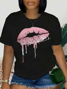 Lip Print T-Shirt, Short Sleeve, Round Neck, Casual Top, Summer And Spring, Women's Clothing, Women's T-Shirts - 黑色 - 查看 6