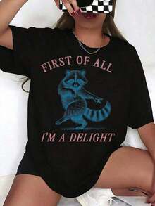 1 Piece Fashion Casual T-Shirt For Men And Women: Oversized "First Of All I'm A Delight" Raccoon Graphic Print T-Shirt For Women, Loose Fit Casual Tee With Fun Animal Print, Eye-Catching Top For Everyday Wear And Gift Ideas. Slim Fit Graphic Tee In Y2K Style. Versatile, Easy To Match, Suitable For Everyday Wear, Streetwear, Vacation Outfits, And Weekend Wear. - 黑色 - 查看 6